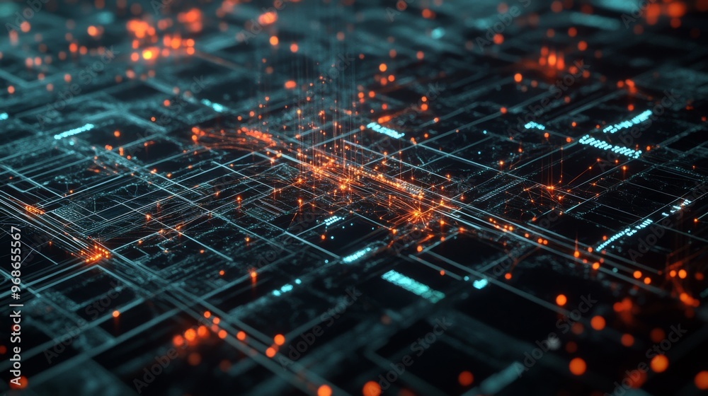 Poster A futuristic 3D graph with interconnected nodes and lines, showcasing a network of data and relationships in a digital, high-tech environment