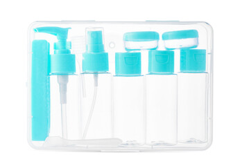 Travel toiletry kit with various-sized bottles and containers in a clear zip bag