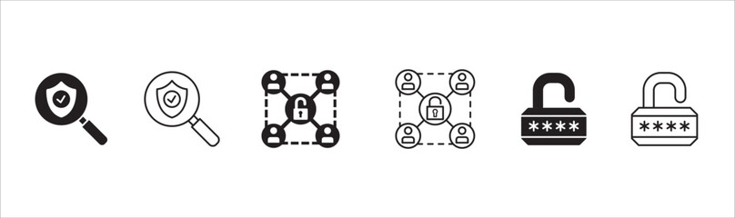 Business security and data icon set. Contains icon related to safety, authority, administrator, network, setting, protection, access, management. Vector illustration in thin line flat design