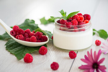 homemade food, milk yogurt with fresh raspberries