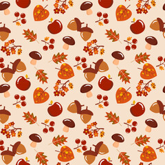 Hello Fall seamless pattern with plants and different leaves background 