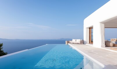 Fototapeta premium Luxurious Infinity Pool Overlooking the Serene Ocean and Distant Islands in Broad Daylight