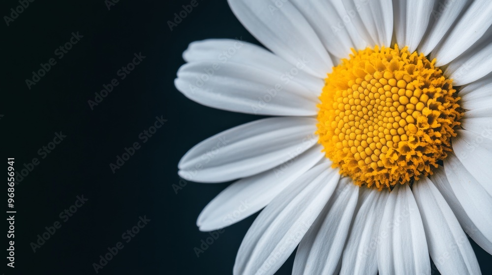 Poster a macro view of a daisy with crisp white petals and a bright yellow center, capturing the simplicity