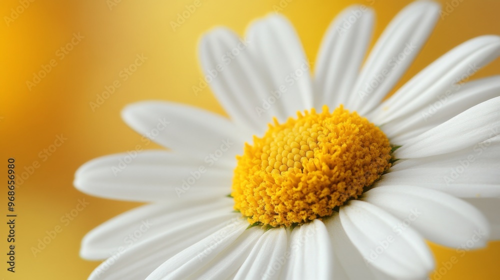Poster a macro view of a daisy with crisp white petals and a bright yellow center, capturing the simplicity