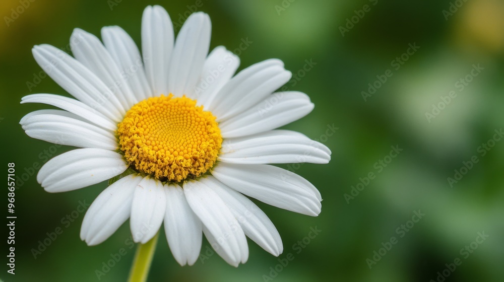 Poster a macro view of a daisy with crisp white petals and a bright yellow center, capturing the simplicity