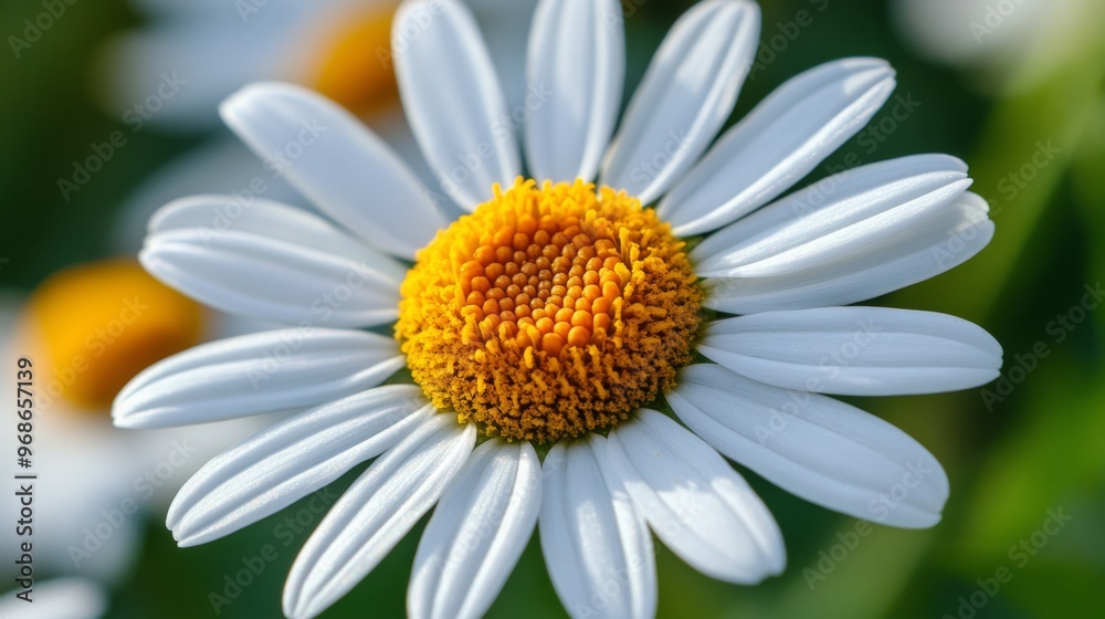 Poster a macro view of a daisy with crisp white petals and a bright yellow center, capturing the simplicity