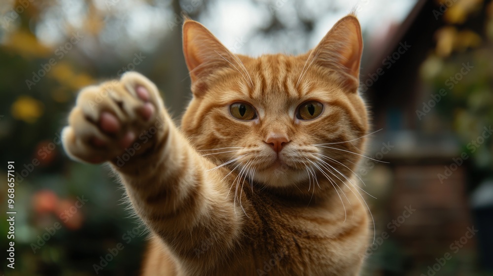 Poster a playful close-up of a fat orange cat reaching out with its paw, looking like it's ready to swat at