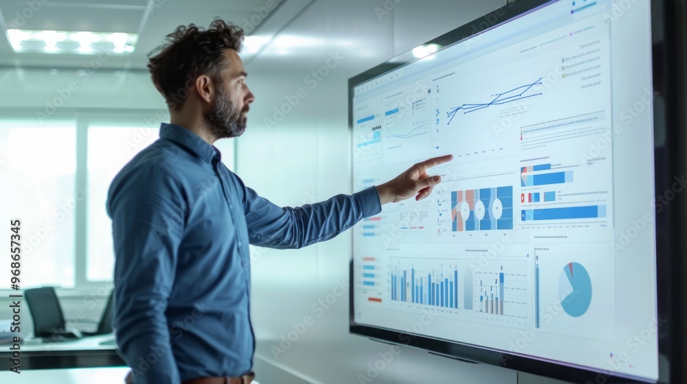 Poster A man pointing at a large monitor displaying graphs and charts