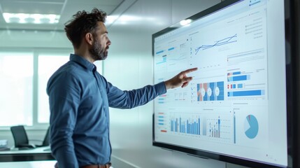 Fototapeta premium A man pointing at a large monitor displaying graphs and charts