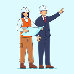 Structural Engineer Or Architect And Foreman Worker With Dlueprints Discuss, Plan Working For The Outdoors Building Construction Site. Construction Collaboration Concept.