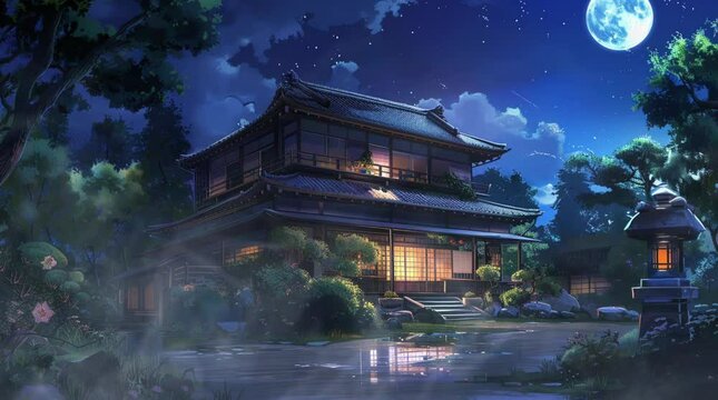 Glowing Japanese house surrounded by a mystical night landscape, with soft, magical lighting creating an enchanting and serene fanta Seamless looping 4k time-lapse virtual video animation Generated AI