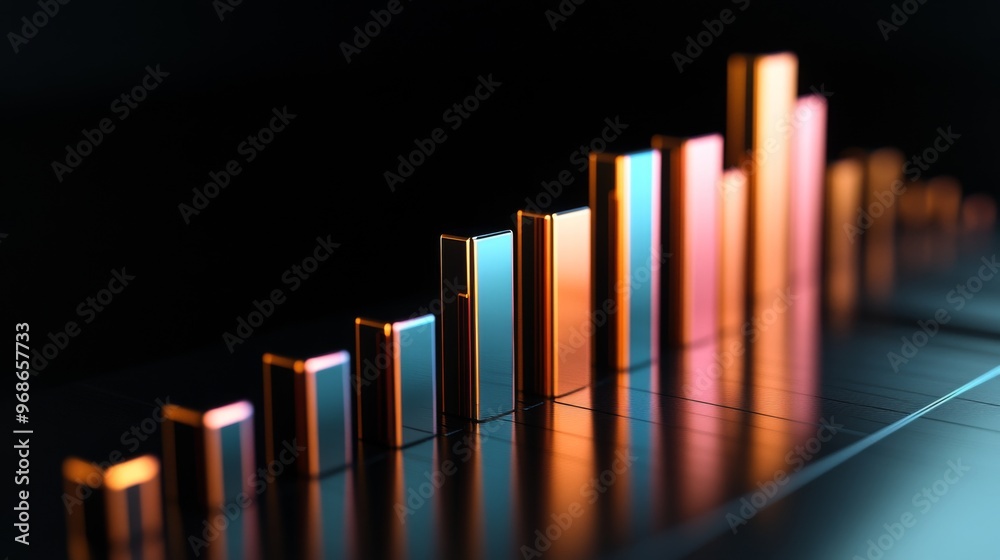 Poster A sleek 3D bar graph with glossy columns of different heights, set against a dark background, emphasizing data visualization in finance and business