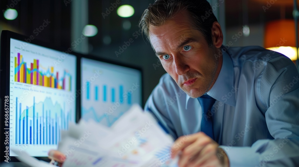 Aufkleber A man is looking at a computer screen with multiple graphs and papers