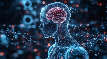 Digital illustration of the human body with an overlay showing different parts like the stomach, brain, and a broken-up chemical structure in the background.