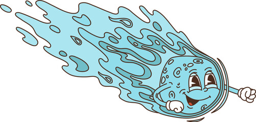 Cartoon groovy space asteroid or comet character with funky funny face, vector retro comic art. Groovy asteroid or galaxy meteor with ice tail and punch fist flying to planet with happy smile on face © Vector Tradition
