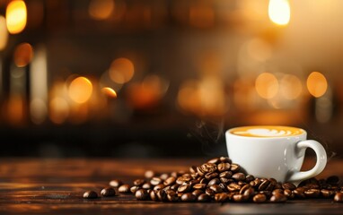 Obraz premium A warm cup of coffee sits atop fresh coffee beans, creating a cozy and inviting atmosphere perfect for coffee lovers.