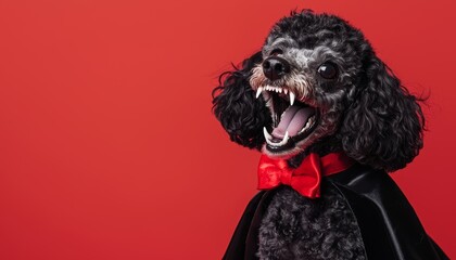 Poodle in a glamorous vampire outfit with fangs, vampire dog, elegant Halloween pet