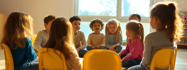 A group of young children of various ethnicities sitting in a circle on yellow chairs in a bright classroom, engaged in conversation and interaction.