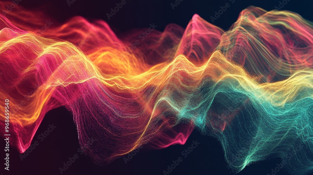 Aufkleber Abstract digital representation of colorful electric waves moving through the air, symbolizing data transmission, communication, and technology advancements.