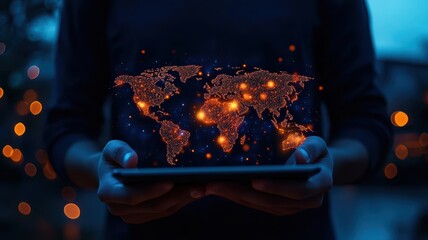 Diverse students holding digital tablets with holographic world maps, symbolizing global learning and change, global education, awareness and progress