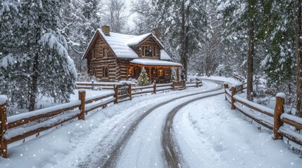 Fototapeta premium A cozy log cabin nestled in the snowy woods, surrounded by snow-covered trees and a rustic wooden fence. 