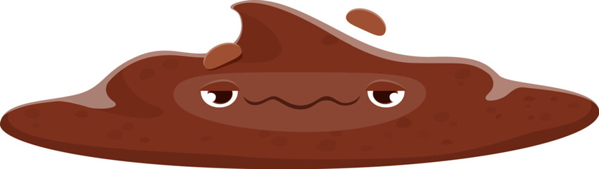 Cartoon poop emoji. Funny poo excrement character. Isolated vector sad toilet shit emoticon. Flattened brown diarrhea personage with a distressed face expression, depicts the liquid messy aftermath