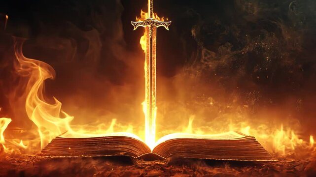 Sword of the spirit. Holy bible. For the word of God is living and active, sharper than any double-edged sword. Flaming sword of the spirit and the word of god concept art. Mist and flames