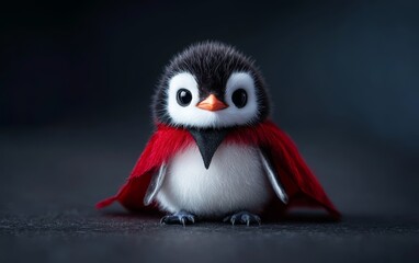 Fototapeta premium Penguin wearing a tiny Dracula cape and fangs, vampire penguin, adorable Halloween animal