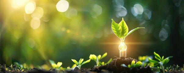 Obraz premium A new plant sprouts from the ground, symbolizing growth and renewal, bathed in warm, golden sunlight filtering through leaves.