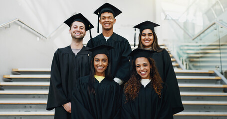 Students, graduation class and portrait on stairs for education, learning and group for success. People, university and celebration for college achievement, support and together for certification