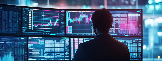 Male financial analyst monitoring stock market trends on multiple computer screens in a modern office, with a focus on graphs, data, and a blue-pink digital ambiance.