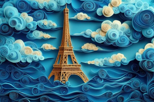 Intricate Paper Cut Quilling Eiffel Tower with Swirling Clouds - Parisian Filigree Craftwork