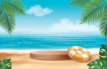 Minimal sea or ocean beach composition with wooden cylinder product podium and inflatable ring on sand shore, calm water and blue sky with white clouds, palm and monstera leaves. Realistic 3d vector.