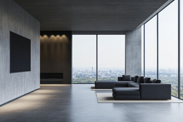 Modern minimalist living room in a penthouse apartment with large windows, elegant lighting and stylish furniture. Luxury Real Estate interior design composition with copyspace