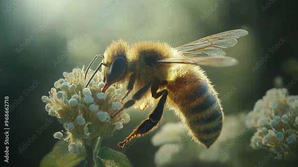 Poster close-up of a bee on a flower, capturing its delicate wings, antennae, and the intricate details of 