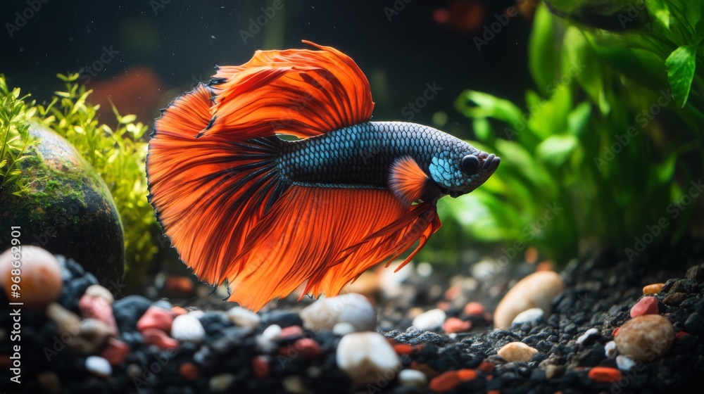 Poster Close-up of a Betta fish with a mesmerizing array of colors and delicate fins, swimming elegantly through a well-decorated aquarium environment.