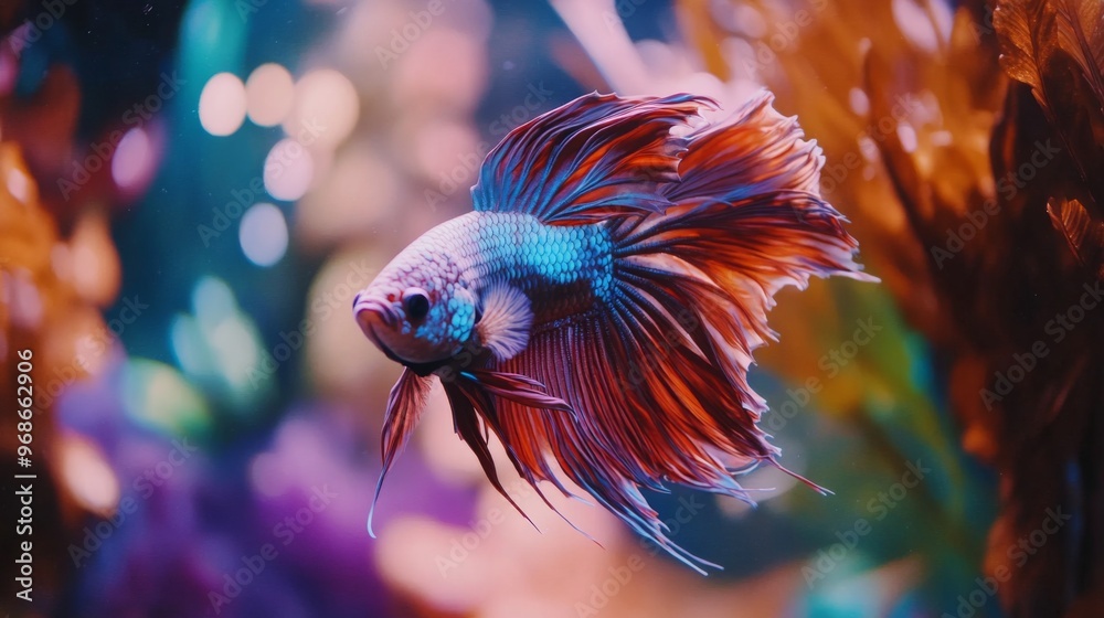 Poster Close-up of a Betta fish with a mesmerizing array of colors and delicate fins, swimming elegantly through a well-decorated aquarium environment.