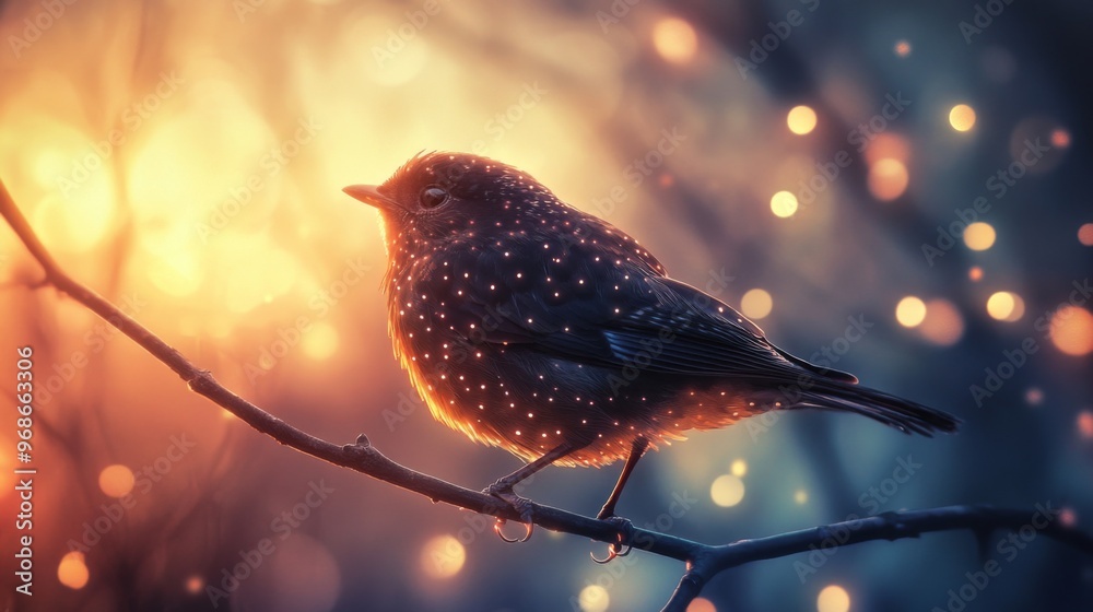 Poster Close-up of a bird with detailed feather patterns, perched on a branch, with a background of softly glowing lights adding depth and a magical feel to the scene.