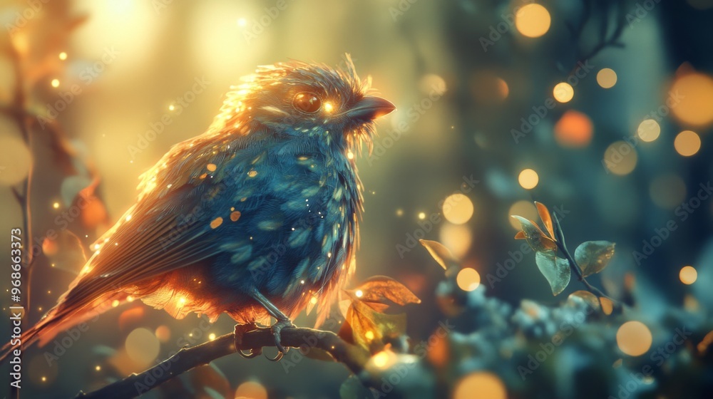 Poster Close-up of a bird with detailed feather patterns, perched on a branch, with a background of softly glowing lights adding depth and a magical feel to the scene.