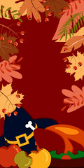 Vector. Happy Thanksgiving day background with copy space for text and illustrations in cartoon flat style. Autumn print for greeting card, poster, banner, poster, cover, blogging, promotional items.