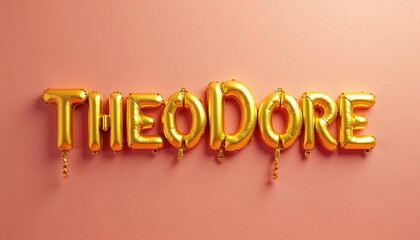 THEODORE Golden 3D Balloon Letters on Solid Color Background