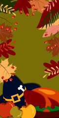 Vector. Happy Thanksgiving day background with copy space for text and illustrations in cartoon flat style. Autumn print for greeting card, poster, banner, poster, cover, blogging, promotional items.