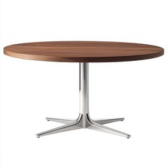 A modern round table with a wooden top and a sleek metallic base, suitable for dining or meetings.