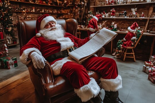 Santa Claus relaxing in his workshop holding the naughty and nice list