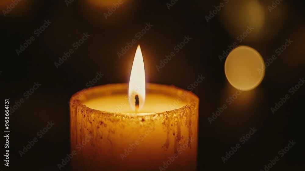 Poster close-up of a candle flame flickering softly in the dark, casting a warm, golden glow and creating a