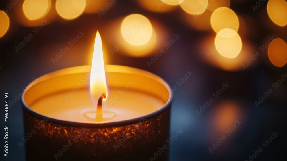 Poster close-up of a candle flame flickering softly in the dark, casting a warm, golden glow and creating a