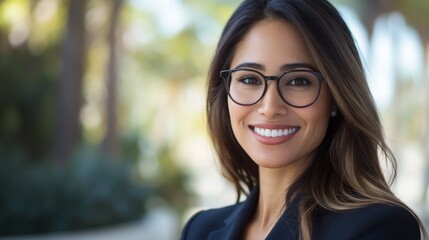 Fototapeta premium Close-up of a businesswoman with a friendly smile, wearing glasses and a suit, demonstrating clarity and professionalism in a corporate environment.