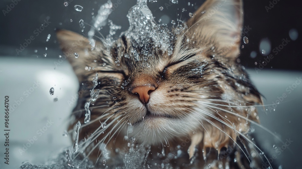 Poster close-up of a cat enjoying a bath, with water droplets on its fur and a content expression, showing 