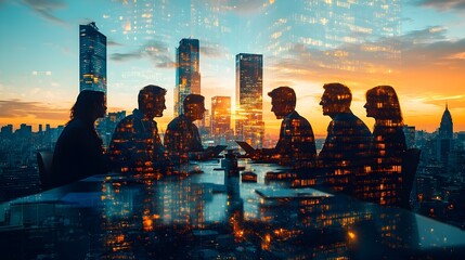 Silhouettes of Business People Meeting at Sunset with Cityscape