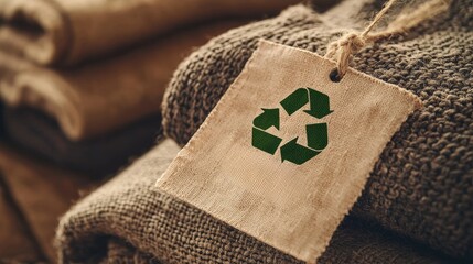 A close-up of a recycled label on a textured fabric, promoting sustainability and eco-friendly practices in textile production.